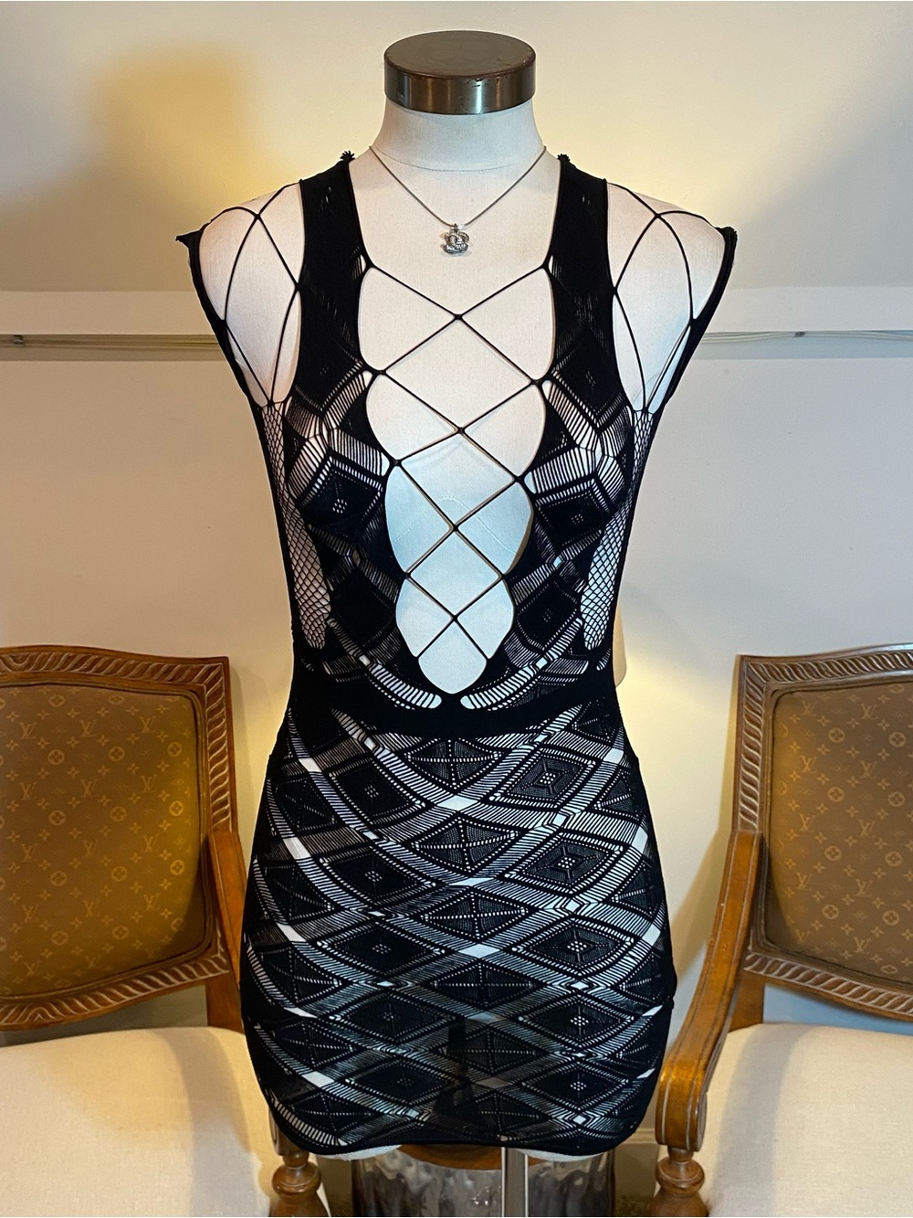 Black Lattice Mesh Fishnet Bodycon Mini Dress Chemise